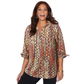 Catherines Plus Size Georgette Buttonfront Tie Sleeve Cafe Blouse