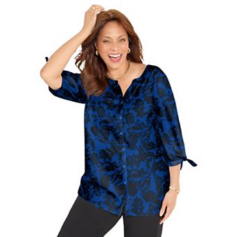 Catherines Plus Size Georgette Buttonfront Tie Sleeve Cafe Blouse