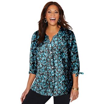 Catherines Women's Plus Size Georgette Buttonfront Tie Sleeve Cafe Blouse