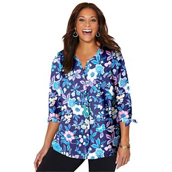Catherines Plus Size Georgette Buttonfront Tie Sleeve Cafe Blouse