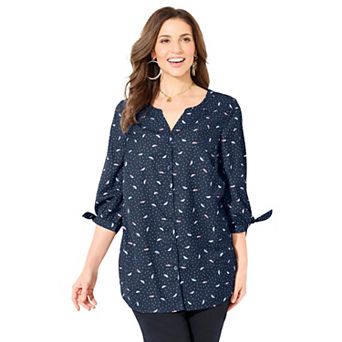 Catherines Women's Plus Size Georgette Buttonfront Tie Sleeve Cafe Blouse