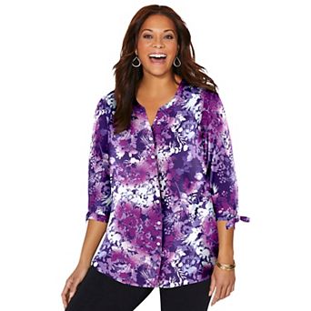 Catherines Plus Size Georgette Buttonfront Tie Sleeve Cafe Blouse