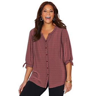 Catherines Women's Plus Size Georgette Buttonfront Tie Sleeve Cafe Blouse