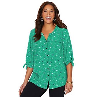 Catherines Women's Plus Size Georgette Buttonfront Tie Sleeve Cafe Blouse