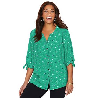 Catherines Plus Size Georgette Buttonfront Tie Sleeve Cafe Blouse