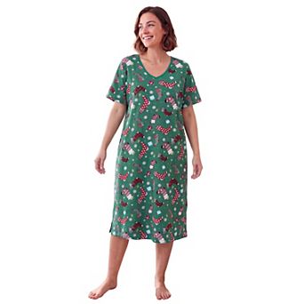 Dreams & Co. Plus Size V-Neck Short Sleeve Midi Cotton Sleep Shirt