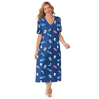 Dreams & Co. Plus Size V-Neck Short Sleeve Midi Cotton Sleep Shirt