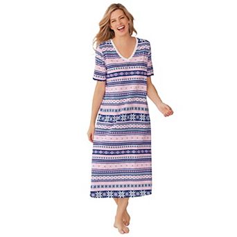 Dreams & Co. Plus Size V-Neck Short Sleeve Midi Cotton Sleep Shirt