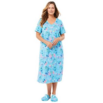 Dreams & Co. Plus Size V-Neck Short Sleeve Midi Cotton Sleep Shirt