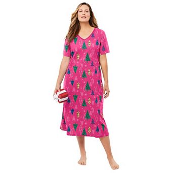 Dreams & Co. Plus Size V-Neck Short Sleeve Midi Cotton Sleep Shirt