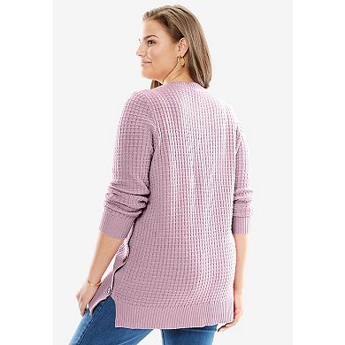 Woman Within Plus Size Side Button V-Neck Waffle Knit Sweater