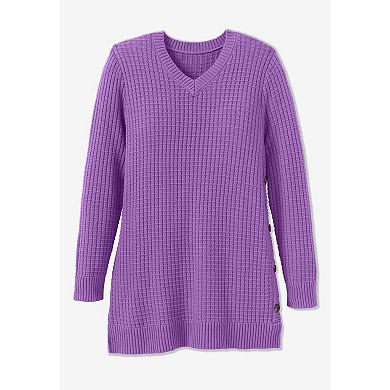 Woman Within Plus Size Side Button V-Neck Waffle Knit Sweater