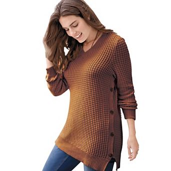 Woman Within Plus Size Side Button V-Neck Waffle Knit Sweater