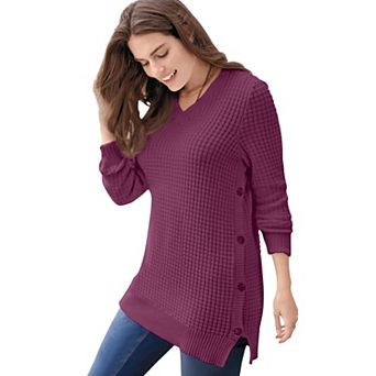 Woman Within Plus Size Side Button V-Neck Waffle Knit Sweater