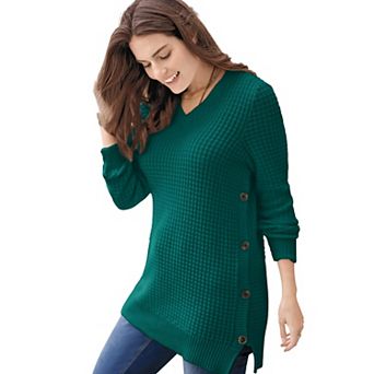 Woman Within Plus Size Side Button V-Neck Waffle Knit Sweater