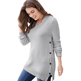 Woman Within Plus Size Side Button V-Neck Waffle Knit Sweater