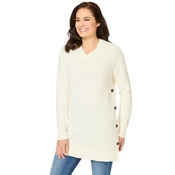 Woman Within Plus Size Side Button V-Neck Waffle Knit Sweater