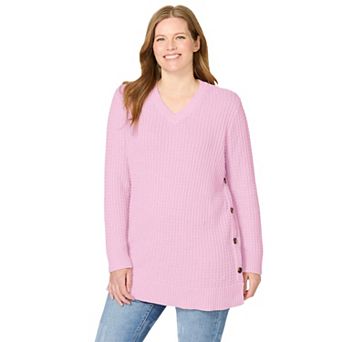 Woman Within Plus Size Side Button V-Neck Waffle Knit Sweater