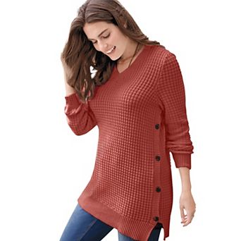 Woman Within Plus Size Side Button V-Neck Waffle Knit Sweater