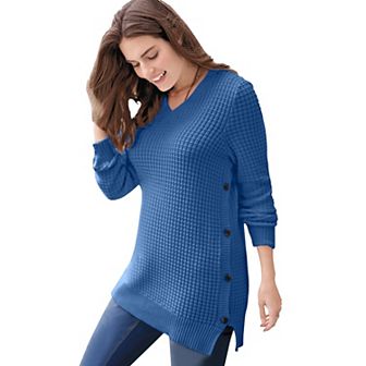 Woman Within Plus Size Side Button V-Neck Waffle Knit Sweater