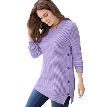 Woman Within Plus Size Side Button V-Neck Waffle Knit Sweater