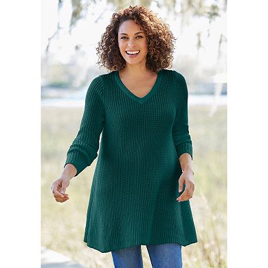Woman Within Plus Size V-Neck Shaker Trapeze Sweater