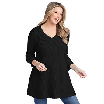 Woman Within Plus Size V-Neck Shaker Trapeze Sweater