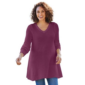 Woman Within Plus Size V-Neck Shaker Trapeze Sweater
