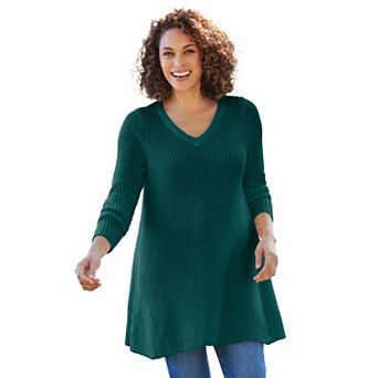 Woman Within Plus Size V-Neck Shaker Trapeze Sweater