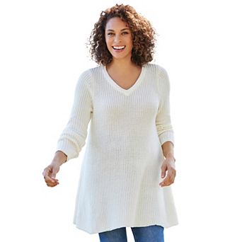 Woman Within Plus Size V-Neck Shaker Trapeze Sweater