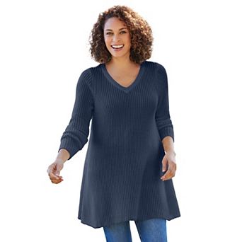 Woman Within Plus Size V-Neck Shaker Trapeze Sweater