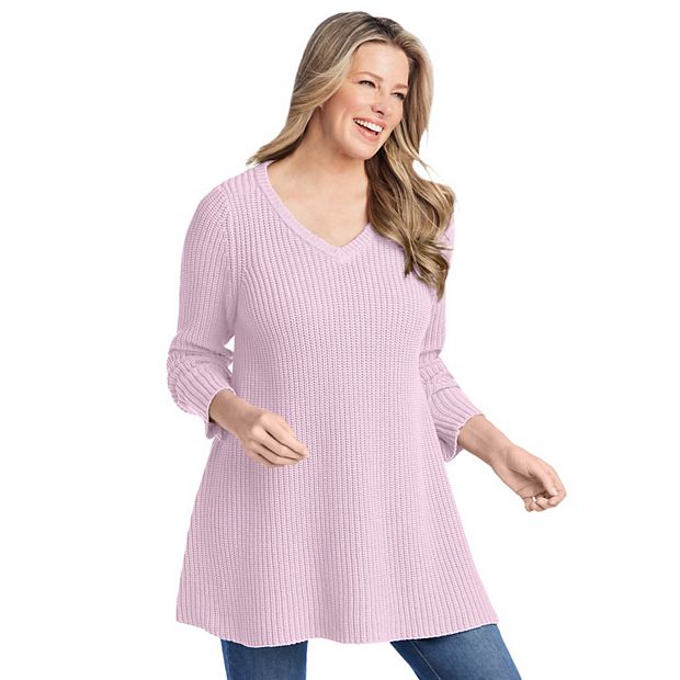 Woman Within Women s Plus Size V Neck Shaker Trapeze Sweater M Pink
