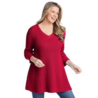 Woman Within Plus Size V-Neck Shaker Trapeze Sweater