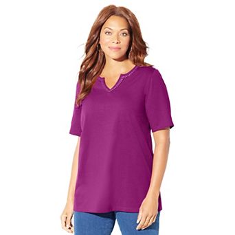 Catherines Women's Plus Size Suprema Embroidered Notch-neck Tee