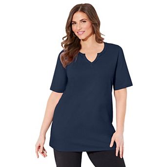 Catherines Women's Plus Size Suprema Embroidered Notch-neck Tee