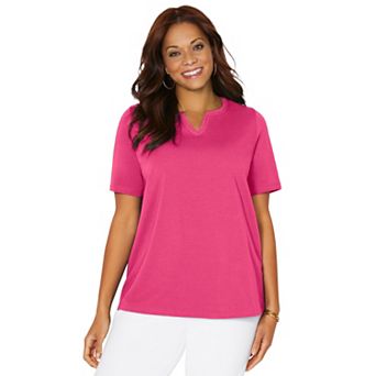 Catherines Women's Plus Size Suprema Embroidered Notch-neck Tee