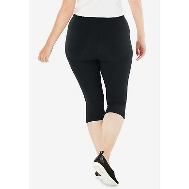 Woman Within Plus Size Stretch-Cotton Knit Pull-On Capri Leggings