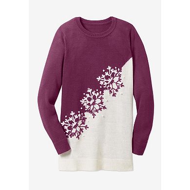 Woman Within Plus Size Holiday Snowflake Jacquard Sweater