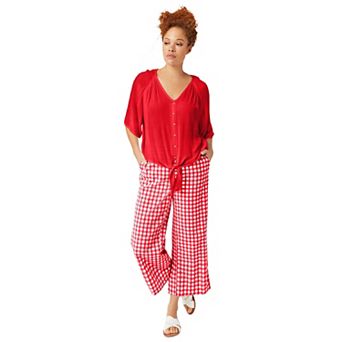Ellos Plus Size Gingham Back Elastic Wide Leg Crop Pants