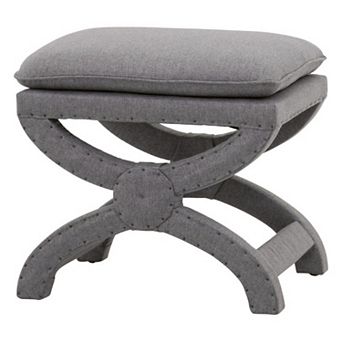 23 Inch Fabric Upholstered Ottoman, Plush Cushioned, Curved X Frame, Gray
