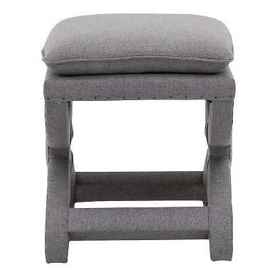 23 Inch Fabric Upholstered Ottoman, Plush Cushioned, Curved X Frame, Gray