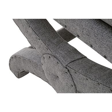 23 Inch Fabric Upholstered Ottoman, Plush Cushioned, Curved X Frame, Gray