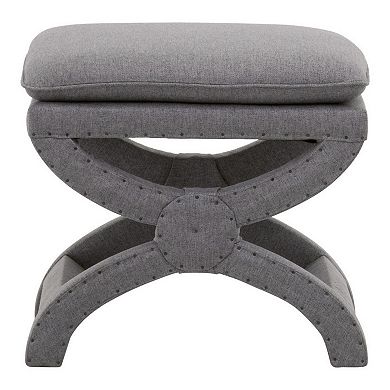 23 Inch Fabric Upholstered Ottoman, Plush Cushioned, Curved X Frame, Gray