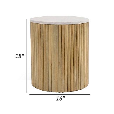 Cid Jolie 18 Inch Side End Table, White Marble Top, Brown Mango Wood Base