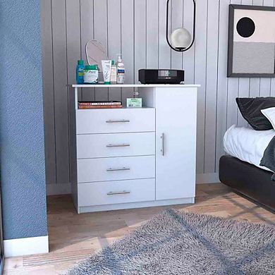 Rioja 4 Drawer Dresser, One Open Shelf, Superior Top, Single Door Cabinet