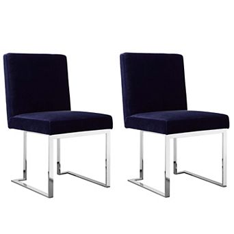 Boly 19 Inch Dining Chair, Set Of 2, Navy Blue Velvet, Foam, Chrome Steel