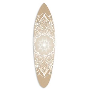 Wooden Surfboard Wall Art With Medallion Print, Brown And White