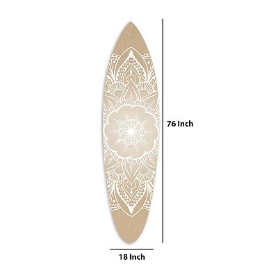 Wooden Surfboard Wall Art With Medallion Print, Brown And White