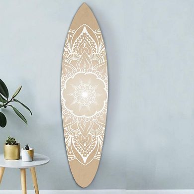 Wooden Surfboard Wall Art With Medallion Print, Brown And White