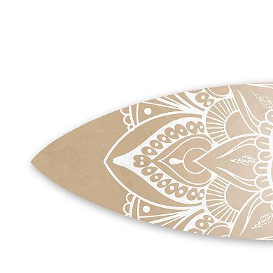 Wooden Surfboard Wall Art With Medallion Print, Brown And White